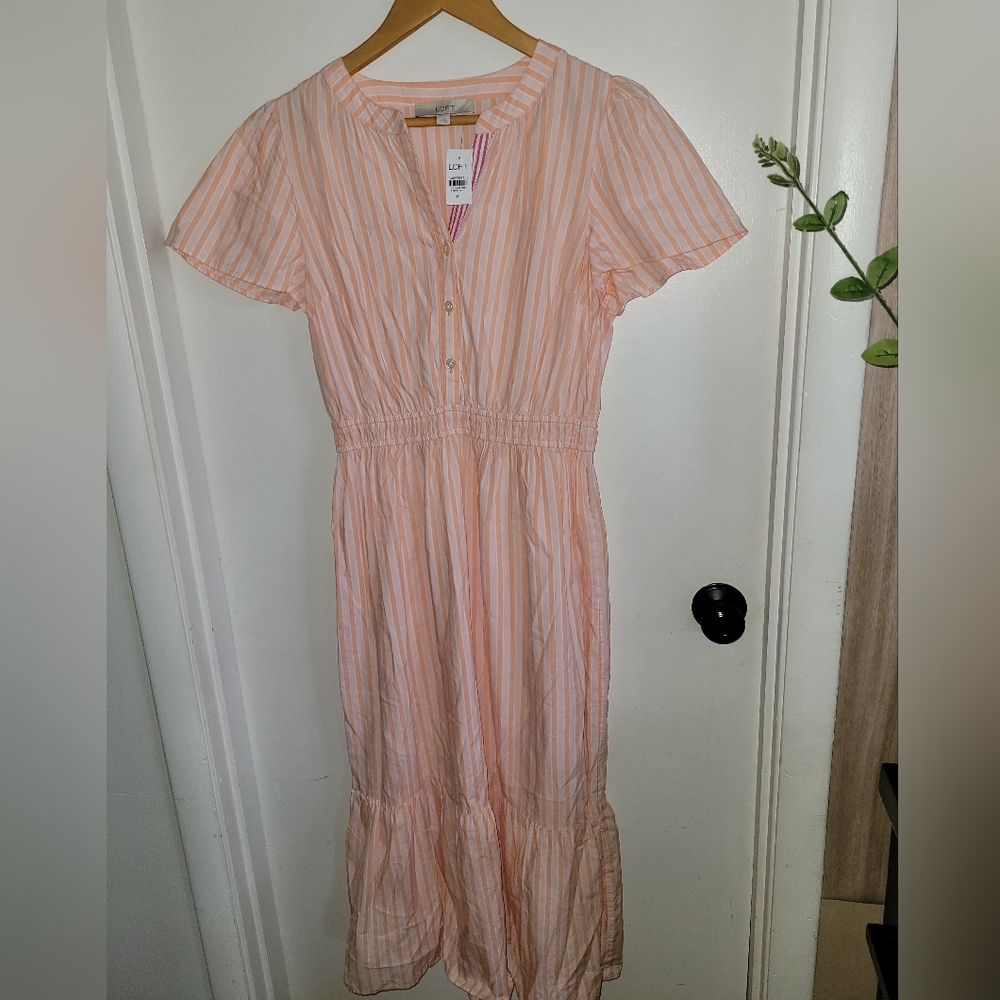 Loft Womens Size Medium Orange White Stripes Cottage Core Maxi Dress Peasant New